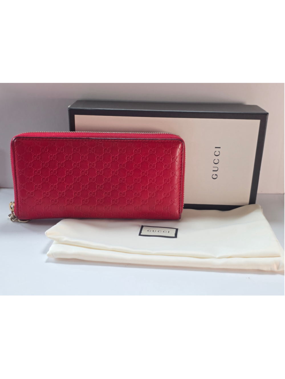 Gucci Microguccissima Red Leather Zip Around Wallet Heart Charm